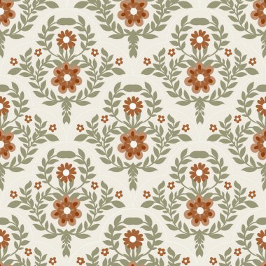Yumuşak krem ve zeytin renginde kusursuz çiçek desenleri. Halktan esinlenilmiş zarif motifler. Tekstil ve dekor için vektör çizimleri..