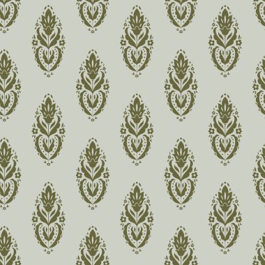 Zeytin yeşili renkte kusursuz halk çiçekleri süsleme motifleri, tekstil ve duvar kağıdı için uygun vektör illüstrasyonları..