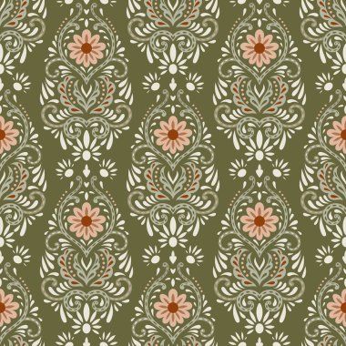 Zeytin yeşili ve allık tonlarında kusursuz süslenmemiş çiçek deseni, duvar kağıdı ve kumaş tasarımı için zarif folklor canlandırma vektörü çizimi.