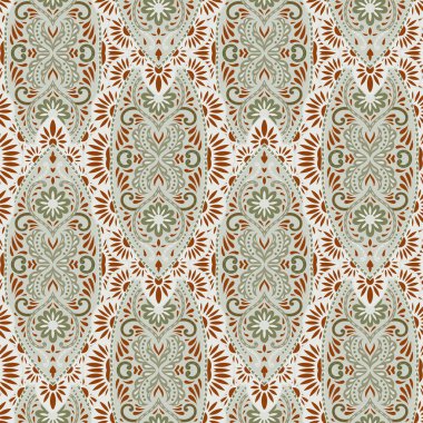 Adaçayı ve terasotta renginde, çiçek tomarlarıyla süslenmiş kusursuz damaske deseni kumaş ve duvar kağıdı için zarif vektör çizimi..