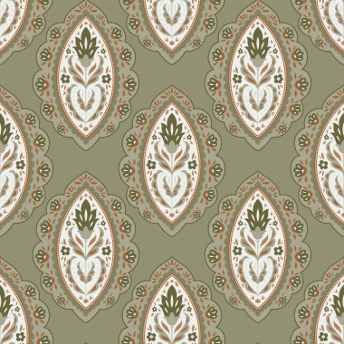 Beyaz çiçek süslemeleri, kumaş ve duvar kâğıdı için zarif bir miras vektör tasarımı olan kusursuz zeytin halk madalyonu deseni..