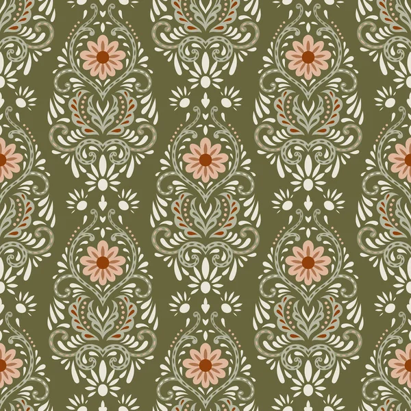 Zeytin yeşili ve allık tonlarında kusursuz süslenmemiş çiçek deseni, duvar kağıdı ve kumaş tasarımı için zarif folklor canlandırma vektörü çizimi.