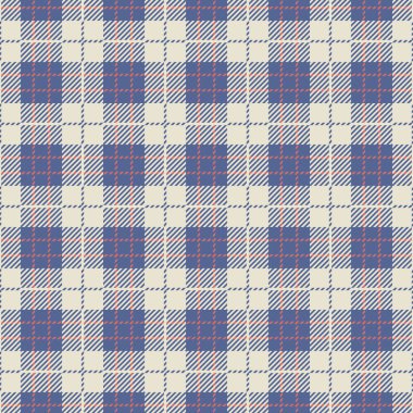 Mavi, kırmızı ve kremalı kusursuz bufalo kontrol deseni, örülmüş tekstil, vektör çizimi, beyaz arka planda izole edilmiş..