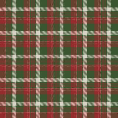 Yeşil, kırmızı ve beyaz desenli kusursuz vektör ekoseli. Noel tekstili, giysi ve hediye paketi için ideal..