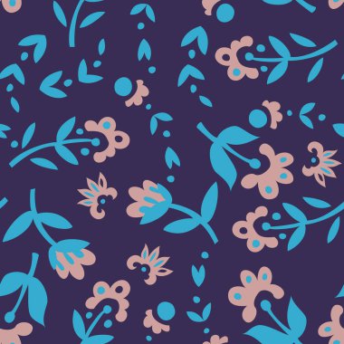 Yüksek kontrastlı çiçek deseni, koyu bir arka planda parlak stilize çiçekleri var. Moda tekstil, aksesuarlar ve ev dekoru aksanları için vektör çizimleri ideal.