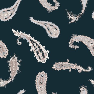 Derin deniz mavisi arkaplanındaki yumuşak nötr desenli motifler. Zevkli kıyafetler, ev tekstili ve klasik iç aksanlar için vektör biçimi uygun.