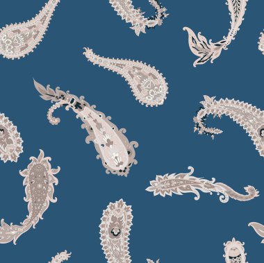 Zarif miras vektör tarzında koyu mavi arkaplanda rafine edilmiş bej desenli motifler. Kumaşlar, aksesuarlar ve iç tekstil için mükemmel..
