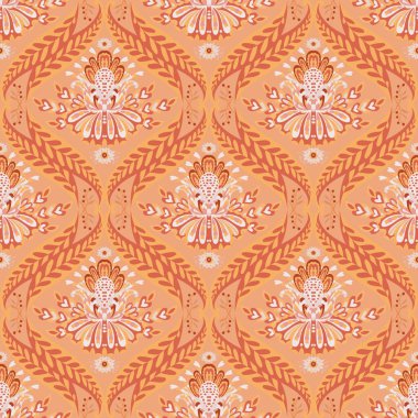 Dekoratif damasyon zarif kıvrımlı ve sıcak tonlu çiçeklere ilham verdi. Tekstil iç mimarisi, duvar kağıdı ve dekor için kusursuz vektör deseni ideal.