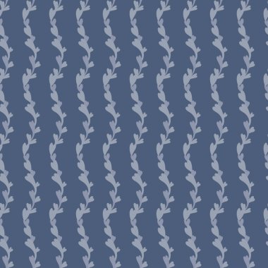 Koyu mavi arka planda dikey çizgileri tekrar eden stilize botanik sarmaşıklar. Kumaş duvar kağıdı ve dekoratif tasarım için kusursuz vektör deseni ideal.