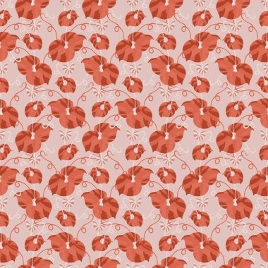 Yumuşak zeminde bukleli sarmaşıklar ve katmanlı taç yapraklarıyla stilize sabah çiçekleri. Kumaş duvar kağıdı ve dekoratif kullanım için kusursuz vektör deseni.