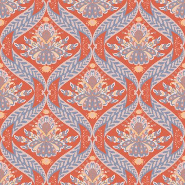 Katmanlı şekilleri ve zarif simetrisiyle detaylandırılmış damask çiçekleri. Tekstil duvar kağıdı ve iç dekorasyon için kusursuz vektör deseni ideal.