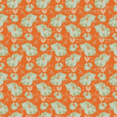 Soluk bir taban üzerinde parlak turuncu çizgiler ve dairelerle kesişen geometrik ızgaralar. Yirminci yüzyılın ortalarında, tekrarlanan vektör deseni.