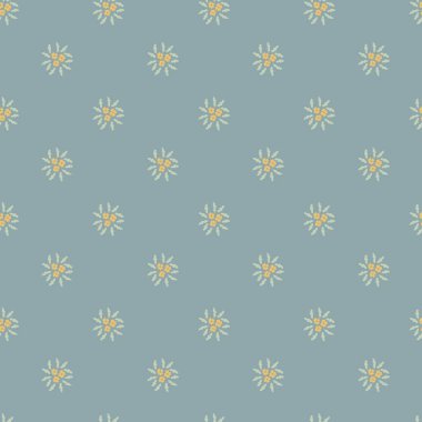 Yumuşak mavi arkaplana saçılmış küçük narin çiçek kolyeleri. Tekstil ve dekor için hafif, havadar, vintage esinlenilmiş kusursuz vektör deseni.