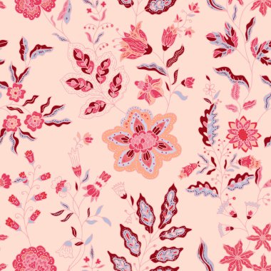 Şeftali arkaplanındaki narin botanik tarzda çiçek süslemeleri kusursuz bir vektör çizimi olarak yaratıldı. Kumaşlar için uygun duvar kağıdı ve kadınsı dekor.