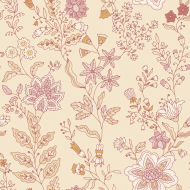 Klasik botanik dokuma tarzında yumuşacık gül tonlu çiçekler kumaş duvar kâğıdı ve klasik dekor için uygun kusursuz vektör çizimi olarak gösterilir..