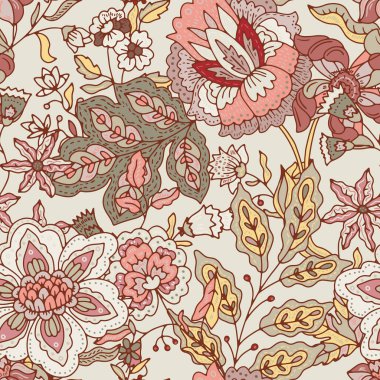 Klasik botanik tarzında süslü kırmızı çiçekleri tekstil duvar kâğıdı ve klasik dekor temaları için kusursuz bir vektör çizimi olarak sunar..