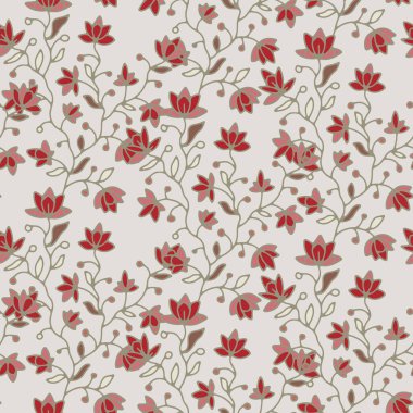 Küçük kırmızı çiçekler, dolambaçlı sarmaşıklar oluşturarak, kumaş duvar kâğıdı ve yumuşak dekor için kusursuz bir vektör çizimi oluşturur..