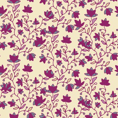 Tekstil duvar kâğıdı ve canlı dekoratif tasarımlar için kusursuz bir vektör illüstrasyonu olarak sunulan şakacı karmakarışık bir düzende Magenta çiçekleri.