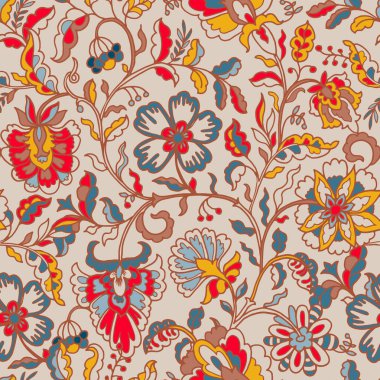 Süslü vektör tarzında sıcak bej arka planda dekoratif botanik çiçekler. Tekstil ambalajı ve iç projeler için kusursuz desen.