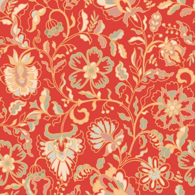 Süslü vektör tarzında canlı kırmızı arka planda yoğun botanik çiçekleri. Tekstil ve yüzey tasarımı için kusursuz desen ideal.