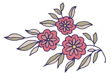 Biçimlendirilmiş çiçekleri ve el yapımı yaprakları olan, beyaz arka planda izole edilmiş, dekoratif ve el işi tasarımı için vektör illüstrasyonlu pastel çiçekli dal..