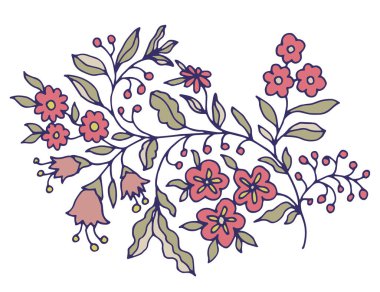 Çeşitli çiçek ve yaprakları olan stilize çiçek dalı el çizimi dekoratif tarzda, beyaz arka planda izole edilmiş, yaratıcı tasarım projeleri için ideal vektör çizimi.