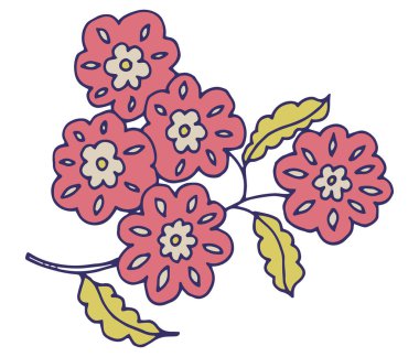 Dekoratif el çizimi tarzında kalın yaprakları olan parlak stilize çiçek kümesi, beyaz arka planda izole edilmiş, yaratıcı çiçek projeleri için vektör çizimi ideal.