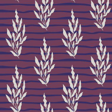 Dalgalı çizgili arka planda beyaz botanik saplı kusursuz desen. Tekstil moda ve ambalaj için modern vektör tasarımı.