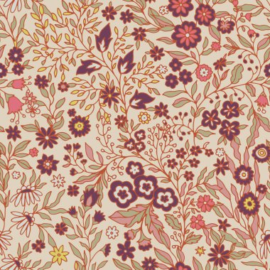 Ayrıntılı, yaprakları dökülmüş, çiçekli bir bahçe. Tekstil iç dekorasyon ambalajı ve giyimi için vektör tasarımı harika.