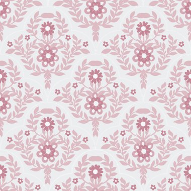 Rafine ev dekorasyonu, yatak örtüsü, duvar kâğıdı ve romantik tekstil tasarımı için açık zemin üzerinde zarif, pembe bir kumaş deseni..