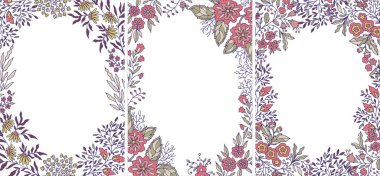 Kalın pembe ve eflatun botanik çerçeve. Davetiyeler için mükemmel. Duvar kağıdı ambalajı ve marka baskıları için..