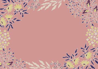 Yumuşak pembe üzerine ince bir çiçek çerçevesi. Havadar yapraklar ve sarı çiçekler. Kırtasiye davetleri için ideal duvar kağıdı yatak ve ambalaj baskıları..