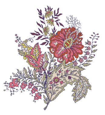 Yaprak ve çiçeklerle el çizimi detaylı çiçek buketi ambalaj kırtasiyesi, tekstil tebrik kartları ve editoryal tasarım için idealdir..