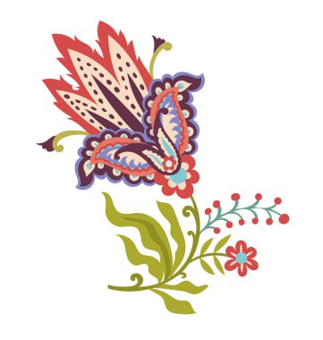 Kelebek şekilleri ve taç yapraklarını karıştıran eşsiz bir halk süsü giysi baskıları, hediye paketi, kırtasiye ve markalaşma için mükemmel..