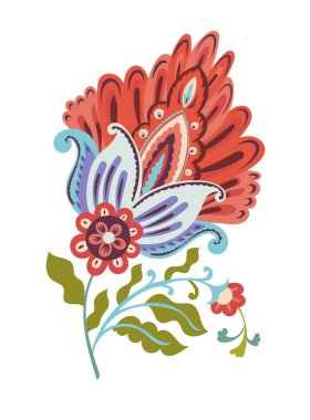 Tekstil baskıları, duvar kâğıdı, ambalaj ve markalaşma için ayrıntılı yapraklar ve dekoratif yapraklarla tavus kuşu tarzı halk çiçekleri.