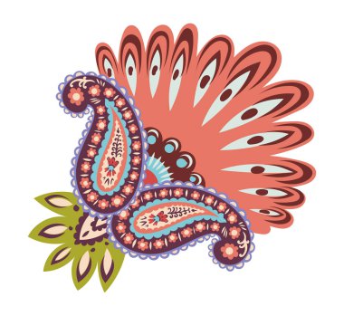 Paisley yaprakları ve tavus kuşu stili şekilleri içeren cesur halk kompozisyonu tekstil baskıları ve şenlikli markalaşma için mükemmeldir..