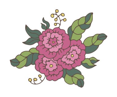 Yeşil yapraklı şirin desenli çiçek kümesi, yapışkan çarşaflar, ambalajlar, tebrik kartları, posterler, markalaşma ve el işi tasarımı için mükemmel bir vektör..