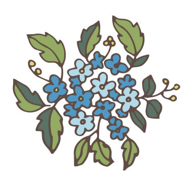 Büyüleyici mavi ve açık mavi çiçek demeti illüstrasyonu, paketleme, tebrik kartları, posterler, damgalama ve çıkartma tasarımı için izole edilmiş vektör.