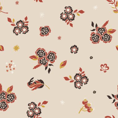 Yumuşak krema tabanı, neşeli dağınık halk çiçekleri duvar kâğıdı, yatak, döşeme ve hediye paketi için sıcak toprak tonlarında..