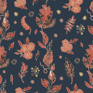 Dekoratif halk yaprakları ve çiçekler açık deniz mavisi boyunca ilerliyorlar. Duvar kağıdı, yatak, döşeme ve hediye paketi için mükemmel..