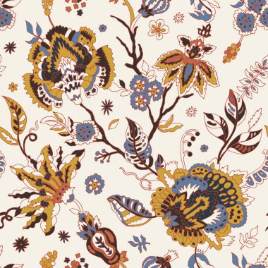 Süslü çiçek desenleri mavi ve hardallı krem rengi, duvar kağıdı, yatak, döşeme ve lüks hediye paketi için ideal..