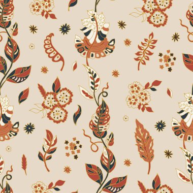 Süslü halk yaprakları ve paslı çiçekler, yumuşak krema tabanında hardal ve siyah aksanlar, duvar kağıdı, yatak, döşeme ve hediye paketi için mükemmel..