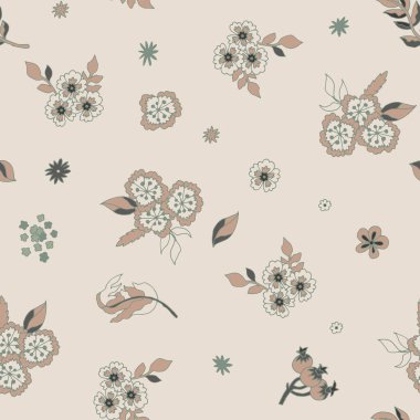 Ilık bir krem zeminde, adaçayı renginde narin bağbozumu çiçekleri. Duvar kağıdı, yatak örtüsü, döşeme ve zarif hediye paketi projeleri için mükemmel..