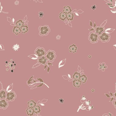 Duvar kağıdı, yatak, döşeme, kumaş ve hediye paketi için ideal, küçük bej ve zeytin çiçekleriyle narin bir gül arkaplanı..