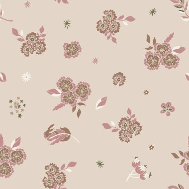 Allık ve bej çiçekleri ve zeytin aksanlı açık krem arka plan, duvar kağıdı, döşeme, kumaş ve dekor baskıları için ideal..