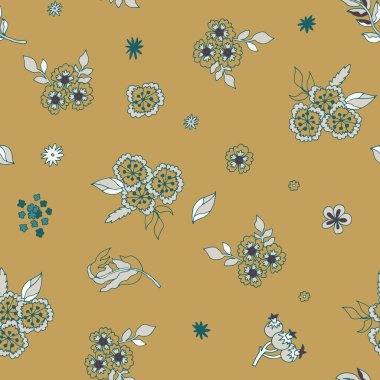 Duvar kağıdı kumaşı döşemesi ve rahat ev dekorasyonu için deniz mavisi ve krem aksanlı altın kır çiçekleri..