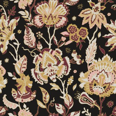 Duvar kağıdı döşeme ve hediye paketi için koyu siyah üzerine altın rengi, erik rengi çiçeklerle süslenmiş..
