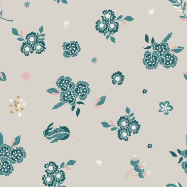 Duvar kâğıdı döşeme ve hediye paketi için bej üzerine kırmızı ve krem sürmüş yumuşak halk çiçekleri..