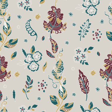 Duvar kâğıdı döşeme ve hediye paketi için mavi bordo ve yumuşak bej krem renkte dekoratif halk çiçekleri..