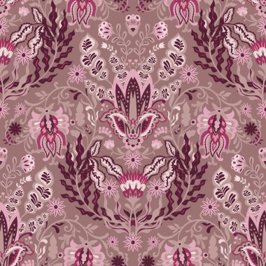 Romantik halk botanikleri. Duvar kağıtlarının döşemeleri ve zarif hediye paketleri için, kıpkırmızı güller, pembeler ve erik rengi..